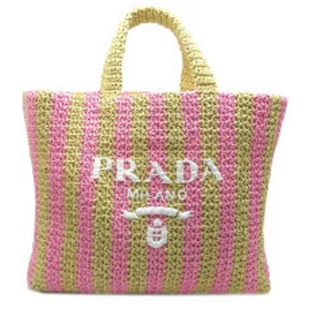 Prada RAFIA Raffia Tote Bag Shoulder Straw Tan Beige Pink